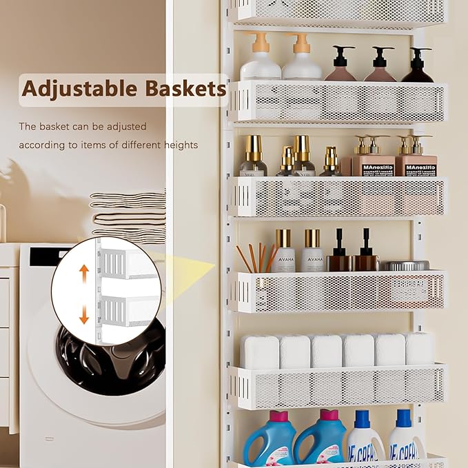 6-Tier Over The Door Pantry Organizer with Mesh Baskets, Adjustable & Stable Hanging Spice Rack for Kitchen, Bathroom, Bedroom, and Baby Essentials Storage