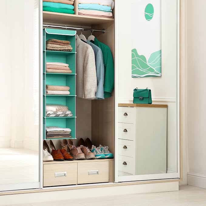 Simple Houseware 5 Shelf Hanging Closet Organizer, Turquoise | 360° Rotating Dual Hooks, Top Support Metal Frame, 6 Side Mesh Pockets