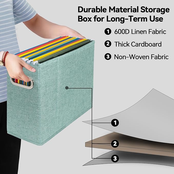 2 Packs Letter Size File Organizer, File Folders Organizer, Fabric Storage Box, Collapsible Paper Organizer with Metal Handle, Smooth PVC Rails, Only Box (Green)