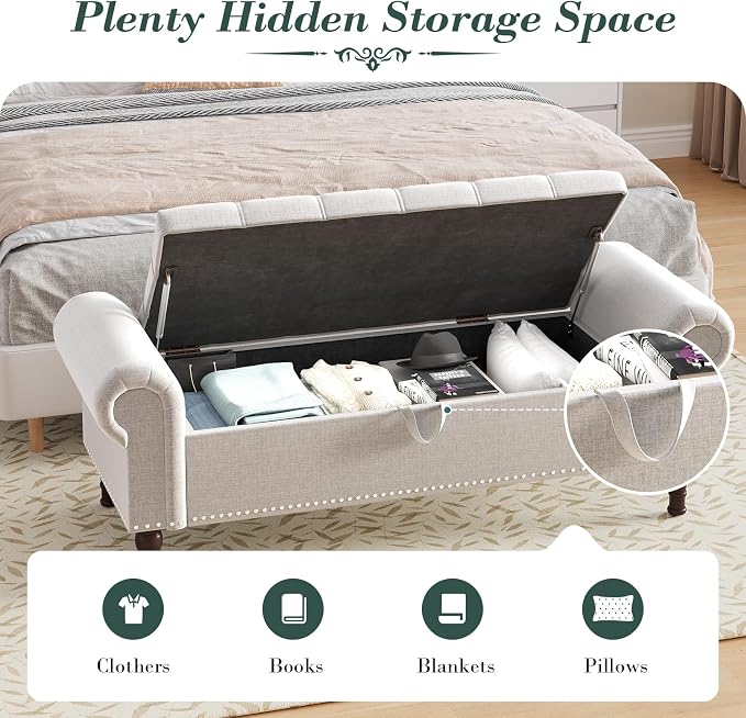 Apicizon 51” Bench with Storage, Upholstered Tufted Button Bedroom Bench with Storage, Linen Ottoman Bench for Bedroom, Living Room, Entryway, Light Gray
