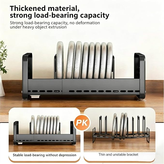 Pots and Pans Organizer Under Cabinet, Expandable Pot Lid Organizer | Adjustable Heavy Duty Rack with Removable Drip Tray, Expands 15.4"–24.8", Ideal for Kitchen Cabinets and Countertops.