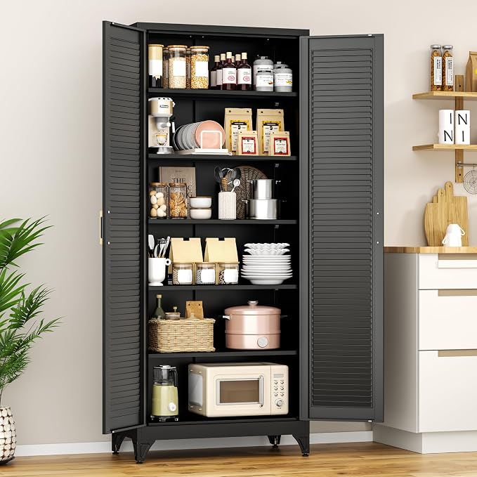 Polup 75" Pantry Cabinet, Tall Metal Storage Cabinet with Doors and Shelves | Black Kitchen Cabinet, 5 Adjustable Shelving, Heavy-Duty Steel, Louvered Doors, Gold Handles, for Garage Office & Laundry