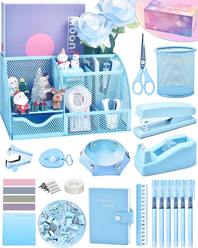 Blue Desk Accessories, 26Pcs Office Supplies and Desk Organizers, with Tape Dispenser, Stapler, Staple Remover, Ect, Gift Box Packaging