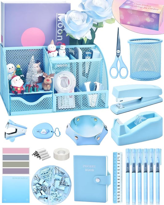 Blue Desk Accessories, 26Pcs Office Supplies and Desk Organizers, with Tape Dispenser, Stapler, Staple Remover, Ect, Gift Box Packaging
