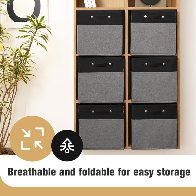 FinishingBo 13x13x13 Storage Cube Bins 4 Pack, Cube Shelf Baskets | Foldable Storage Cubes, Linen Storage Bins with Handles, Closet Organizers, Black/Gray