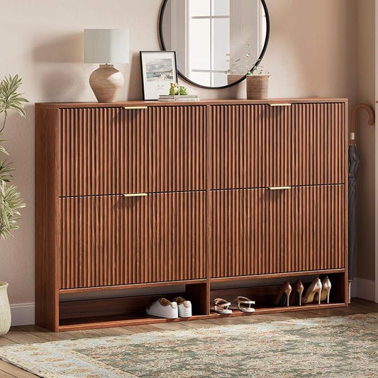 Evermagin 47.2''W Walnut Shoe Cabinet Storage for Entryway, Fluted Slim Shoe Dresser with 4 Flip Drawers, Narrow Shoe Rack Cabinet, Hidden Shoe Organizer Cabinet for Entrance, Hallway