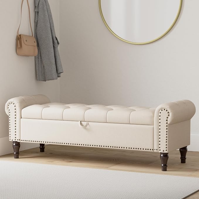 Storage Bench Ottoman, 61" Long King Linen Rolled Arm Bedroom End of Bed Bench, Window Bench with Button Tufted and Nailhead Trim for Foot of Bed Bench, Bedroom, Entryway, Living Room, Wheat