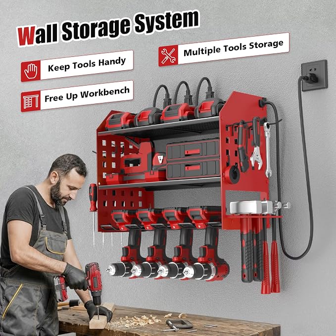 SUNALLY Power Tool Organizer Wall Mount with Charging Station,3 Layer, Red | Metal Tool Storage Rack with 4 Drill Holders, Heavy Duty Power Tool Shelf for Garage,Warehouse,Workshop, Gift for Men,Husband