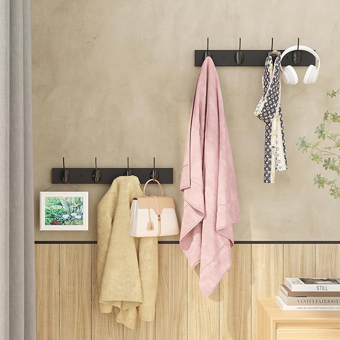 VERTORGAN 1 Pack Wall Mounted Wooden Hat Rack,4 Hooks Entryway(Black) | Wood Coat Hooks,Wall Hooks for Hanging,Hat Rack Bag Hanger Key Holder for Wall,Purse Hanger Towel Racks for Bathroom