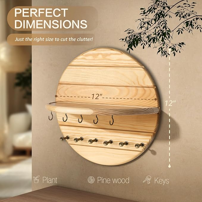 Rebee Vision Key Holder Wall Mount for Farmhouse Wall Decor, Natural Wood | Pine Wood, Round Wall Shelf, Key Hanger for Kitchen & Entryway, Letter Display, Plant & Mail Organizer, Farmhouse Home Decor