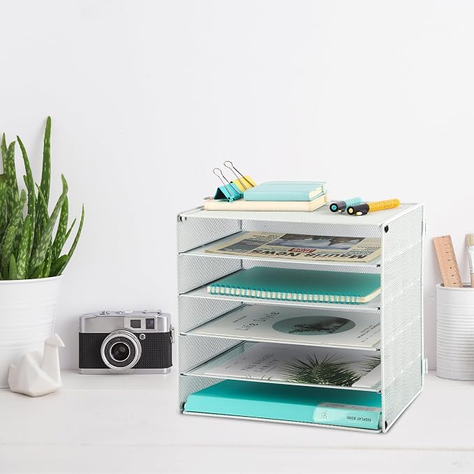 5 Slot Mesh Desk Organizer Tray, File Paper Letter Folder Holder Desktop Paper Sorter Mail Organization Rack Storage Accessories, for Office Home School Classroom, White