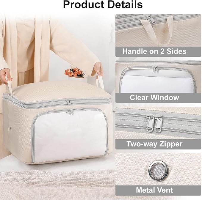 Comforter Storage Bag - Large Capacity Blanket Storage Bags Front-opening Ultra Space Saving Self Compression Organizer, Washable Compression Bags for Storage Comforter Blanket, 1 Pack, Beige