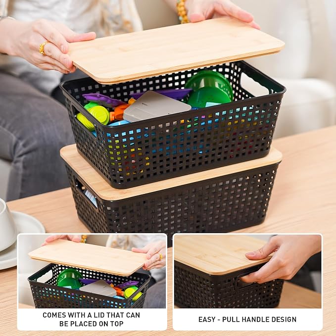 Storage Bins with Lids 6 Packs, Plastic Storage Bins with Bamboo Lids for Pantry Organization and Storage Containers for Shelves Drawers Desktop Closet Office Home, Black