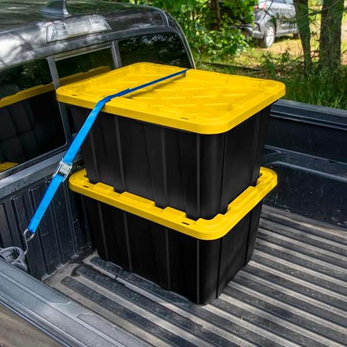 Sterilite Industrial Storage Tote with Lids for Garage, 27 Gallon, 8-Pack | Heavy-Duty and Stackable Utility Box Containers for Home, Office, and Basement Organization, Black/Yellow