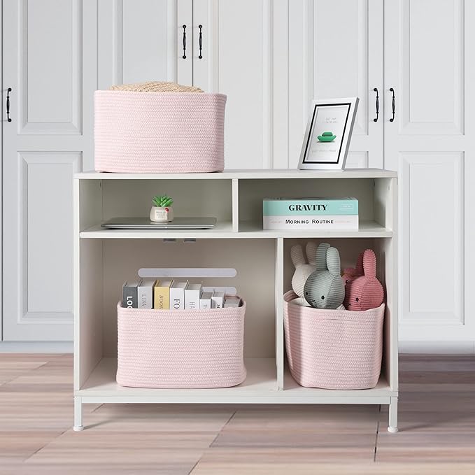 XUANGUO Woven Cotton Rope Storage Baskets 15x10x9.3" 3 Pack Light Pink | Decorative rectangular storage baskets for shelves and closets; storage bins organize clothes, toys, books and nursery items.