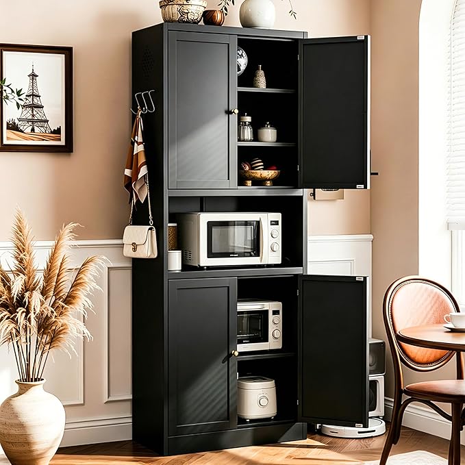 AQY Kitchen Pantry Cabinet,72" Black Pantry Cabinet 3-Tier Adjustable Shelves 4 Doors, Freestanding Cupboard with Microwave Stand, Metal Cabinet with Handle for Living Room Kitchen Assembly Required