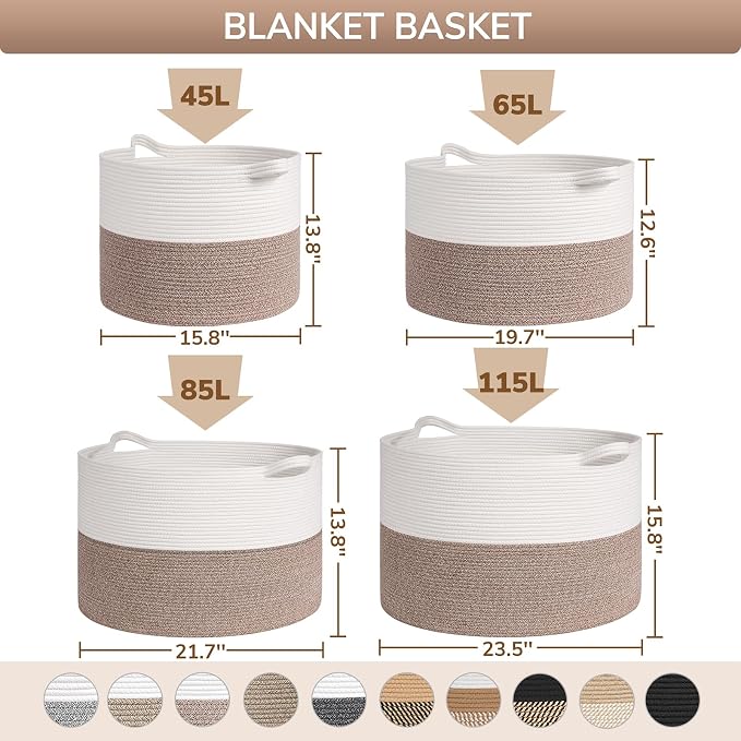 Goodpick 65L Large Storage Basket, Cotton Rope Toy Storage for Kids 65L | 19.7 x 19.7 x 12.6 In Woven Basket for Storage, Kids Toy Storage for Playroom, Laundry Basket for Towels, Black & Mix Jute