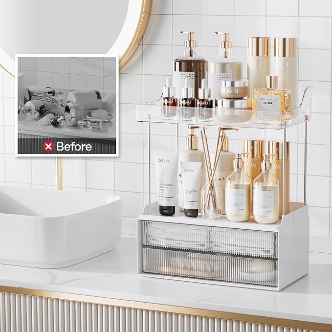 Delamu 4-Tier Makeup Organizer, Bathroom Counter, 2 Drawers,Clear 2Pack | Elegant Vanity Organizer Gift for Women, Holds Perfume, Skincare, Nail Polish & Hair Accessories for Bathroom Countertop