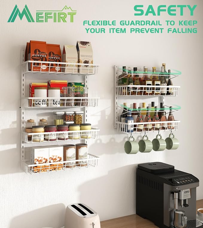 Mefirt Over The Door Pantry Organizer, Wall Mount Spice Rack 6-Tier White | Pantry Hanging Organizers and Storage, Adjustable Baskets Heavy-Duty Metal for Home & Kitchen, Back of Door Seasoning Rack