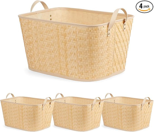 BROWNLILY Oversized Storage Baskets Laundry Hampers with Structured Frame & Supported Bottom, Extra Large Closet Bins for Shelves Blankets Car Bedroom Bathroom Organizers (Pack of 4, Natural)