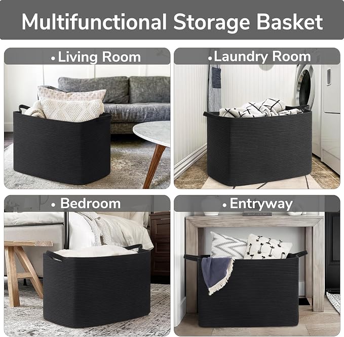 Goodpick 105L Extra Large Woven Blanket Basket, Cotton Rope, Black | 25 x 16 x 16 in, Rectangle, Living Room, Bedroom & Nursery Organization, Blankets, Pillows, Toys & Clothes Storage