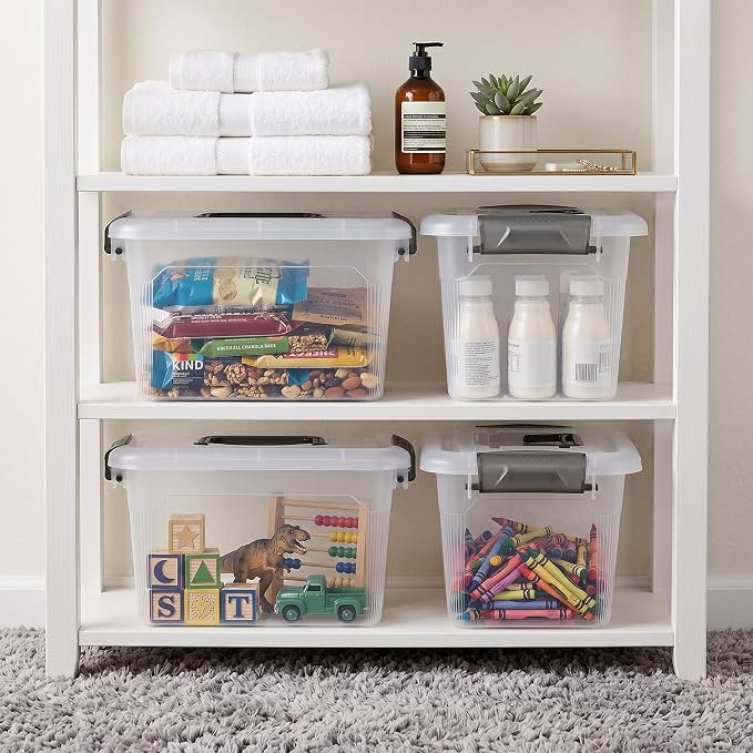 Citylife 4 Packs 6 QT Storage Bins with Lids Clear Plastic Bins with Grey Handle Stackable Storage Containers for Organizing