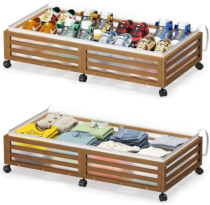 Under Bed Storage with Wheels, 2 Pack Bamboo Drawers for Shoes and Clothes | Fitted dustproof bags, stackable design, smooth pullout access for bedding, blankets, toys and seasonal essentials