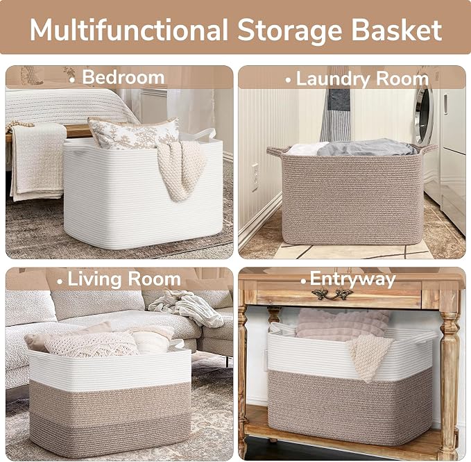 Goodpick 105L Extra Large Woven Blanket Basket, Cotton Rope, White | 25 x 16 x 16 in, Rectangle, Living Room, Bedroom & Nursery Organization, Blankets, Clothes & Toys Storage
