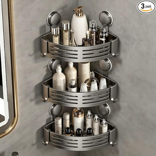 VOLPONE Shower Caddy Corner Suction Cup Shelf Corner No Drilling Bathroom Shower Organizer Storage Rack Adhesive(3-Pack, Gray)
