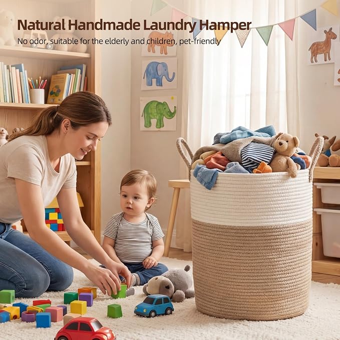 OIAHOMY Large Laundry Basket Hamper - 60L Cotton Rope Woven Basket for Blankets, Toys, Clothes - Tall Decorative Nursery Hamper with Long Handles, Brown/White