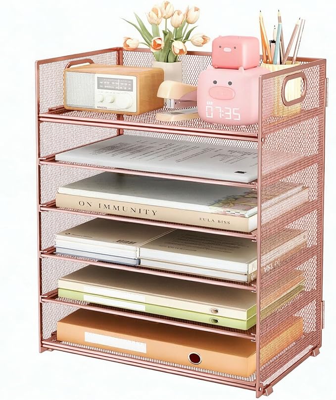 6 Trays Paper Organizer with Handle - Mesh Desk File/Letter Paper Sorter Organizer for Office, Home or School (Rose Gold)