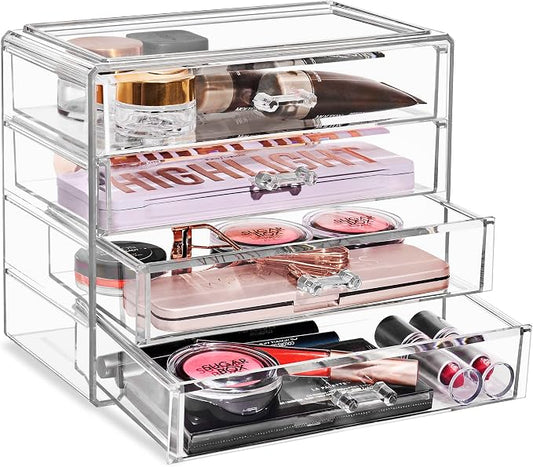 Sorbus Acrylic Makeup Organizer Set, 4-Drawer Vanity & Countertop Cosmetic Storage with Wide Drawers, Clear Makeup Storage for Brushes, Lipsticks, Jewelry – Holiday Gift for Women & Teens