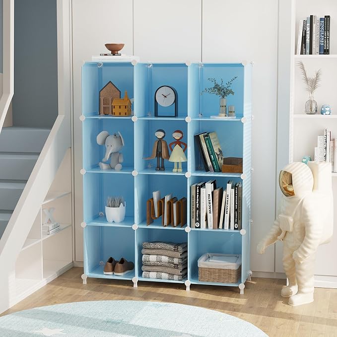 AWTATOS 12 Cube Storage Organizer, Closet Organizers Storage Shelves, Blue | Portable Closet Organizers, DIY Stackable Storage Cubes Shelves Bookshelf, Plastic Clothes Shelving for Home, Bedroom