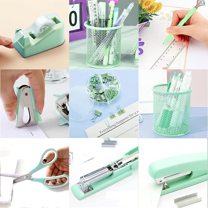 Green Desk Accessories, Green Office Supplies, Stapler, Staple Remover, Tape Holder, Pen Holder, Ballpoint Pen, Scissor, Binder Clips, Paper Clips and 1000pcs Staples.