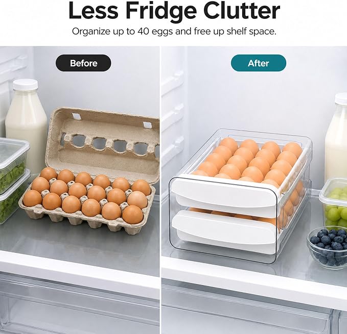 Egg Holder for Fridge, 40-Count Egg Organizer for Refrigerator with Drawers