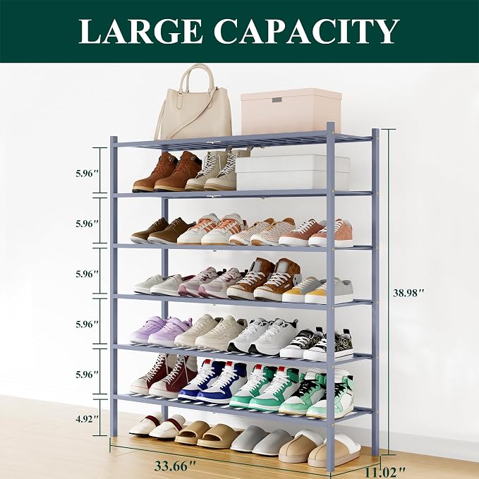 Smiry Bamboo Shoe Rack, 12 Vertical Slats, 6 Tier - 33.7" Wide, Grey | Stackable Free Standing Wooden Shoe Organizer, Wood Shoe Storage Shelf for Closet, Entryway