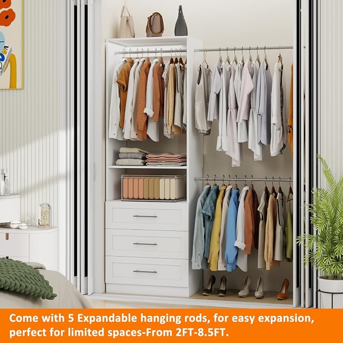 Closet System with 3 Drawers, 5-9FT Modular Organizer | Walk-in Closet Organizer System with 5 Expandable Hanging Rods, 1 Shelves, Wall Mounted Built-in Customized Storage System