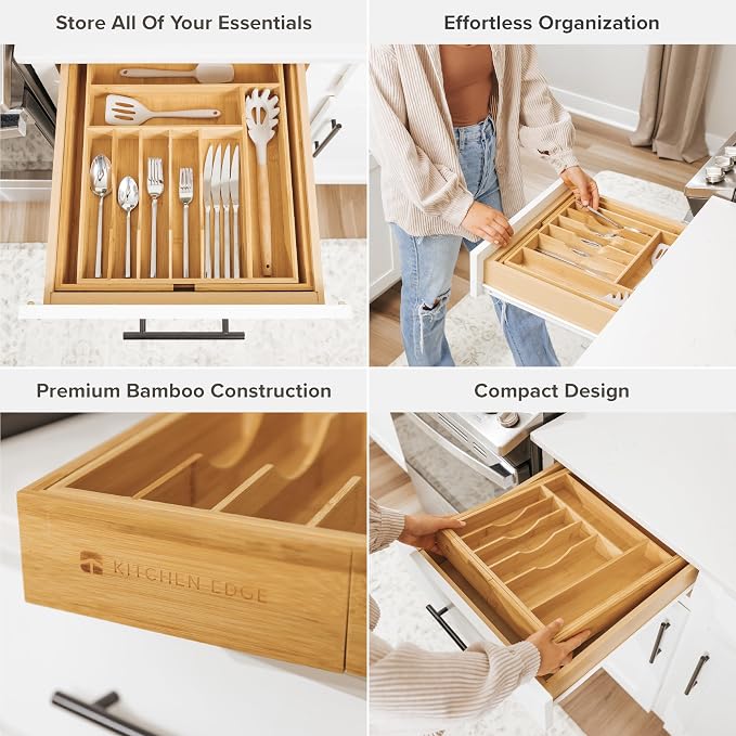 KitchenEdge Silverware & Utensil Drawer Organizer, 14-25 in, Bamboo | Cutlery, flatware, food-safe contract grade, kitchen drawer fit