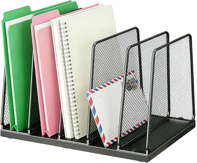 AUPSEN 5-Section File Organizer for Desk, Wood Mesh Desktop File Organizer, File Sorter Storage Rack, Vertical Folder Holder for Files, Magazines, Books (Black)