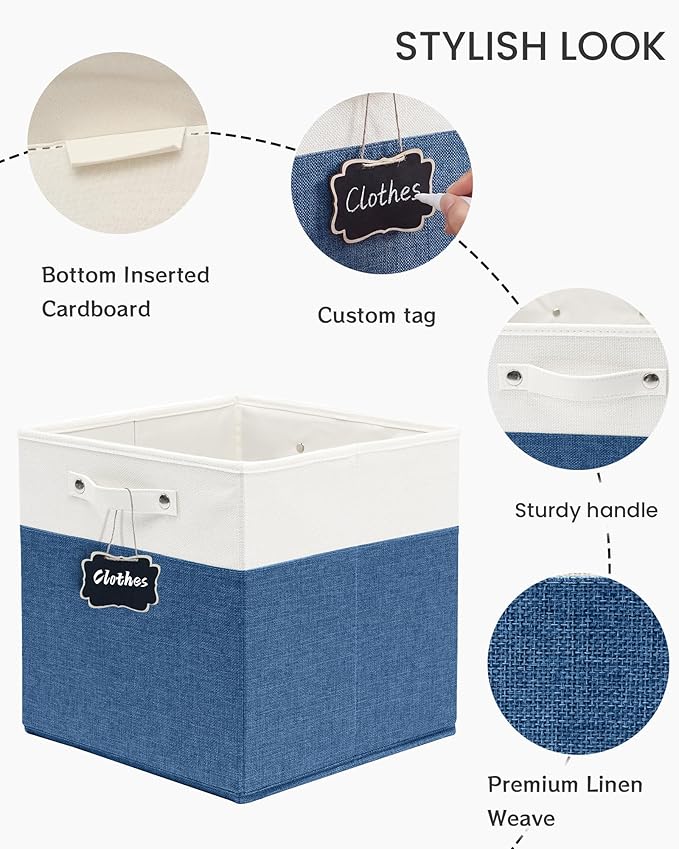 FinishingBo 13 inch Cube Storage Bins with Handles 4 Pack | Foldable Linen Storage Baskets, Closet Organizers, Shelf Baskets, White Blue