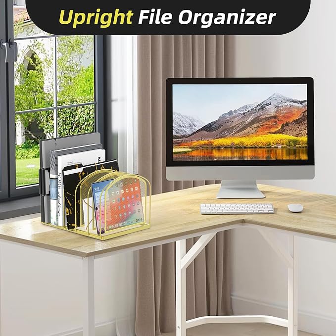SUPEASY 5-Section File Organizer for Desk, Metal File Folder Holder, Gold | 5 Vertical Compartments with Sturdy Metal Base for Office Documents Books Magazines and Laptop
