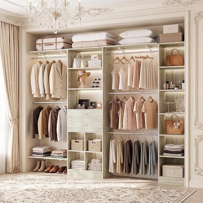 Besiost Closet System - 9.4FT/112" Closet Organizer System with Wooden Drawers,Closet Systems for Walk-In Closets with Hang Rods and Open Cabinet, Greige Oak