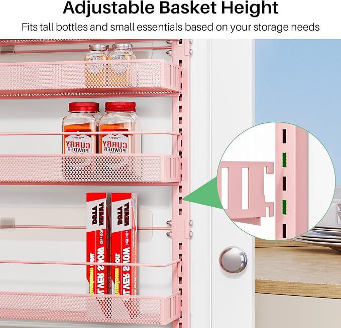 SNTD 8 Tiers Over the Door Organizer - Height Adjustable Pantry Organizers and Storage with Dense Mesh Baskets, Anti-Swing Hanging Door Spice Rack for Kitchen Bathroom (Pink, 17" W x 6" D x 69" H)