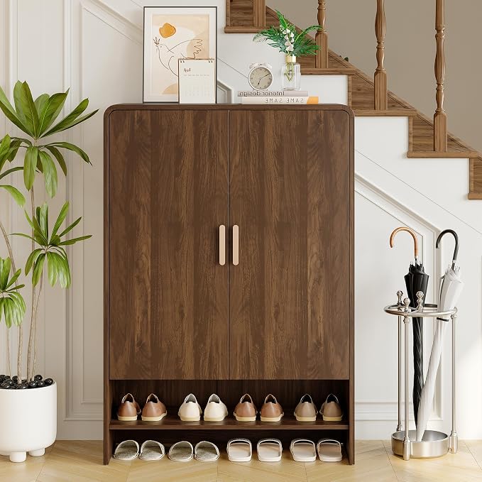 6-Tier Shoe Storage Cabinet, 45'' Large Farmhouse Shoe Cabinet for Entryway, Modern Wooden Shoe Rack Organizer with Doors and Shelves, for Front Door Hallway (Walnut)