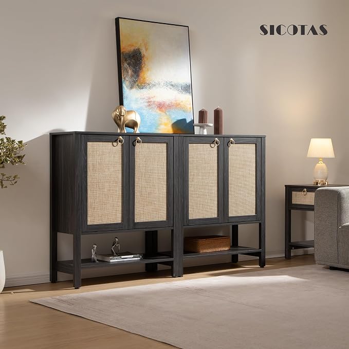 SICOTAS Rattan Shoe Storage Cabinet 5 Tier Shoe Organizer | with Doors and Shelves 24 Pair Capacity Tall Farmhouse Boho Shoe Rack for Entryway Hallway Living Room Closet, Obsidian