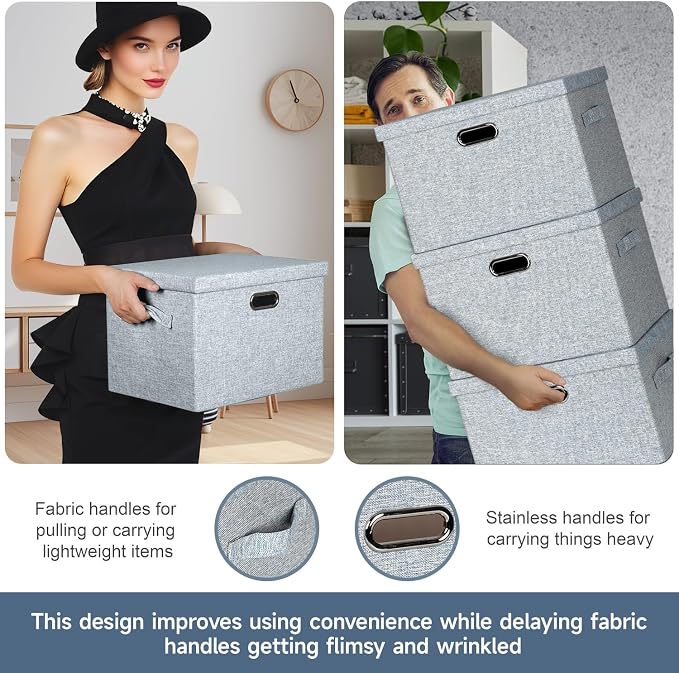 Storage Bins with Lids Fabric Closet Organizers Cubes Office Organization | 36 Quart 3 Pack Blue-Grey Collapsible Stackable Linen Fabric 4 Handles Bedroom Closet Cabinet Under Bed Clothes Toy Office