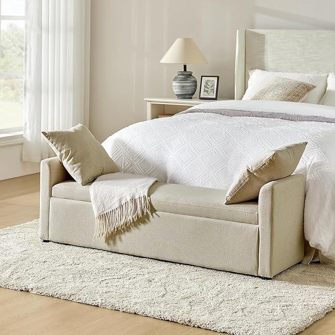 HULALA HOME 59" Storage Bench with 2 Throw Pillows & Armrests, Beige | Modern Long Bedroom Bench for End of Bed, Comfy Upholstered Fabric Footstool for Entryway Living Room