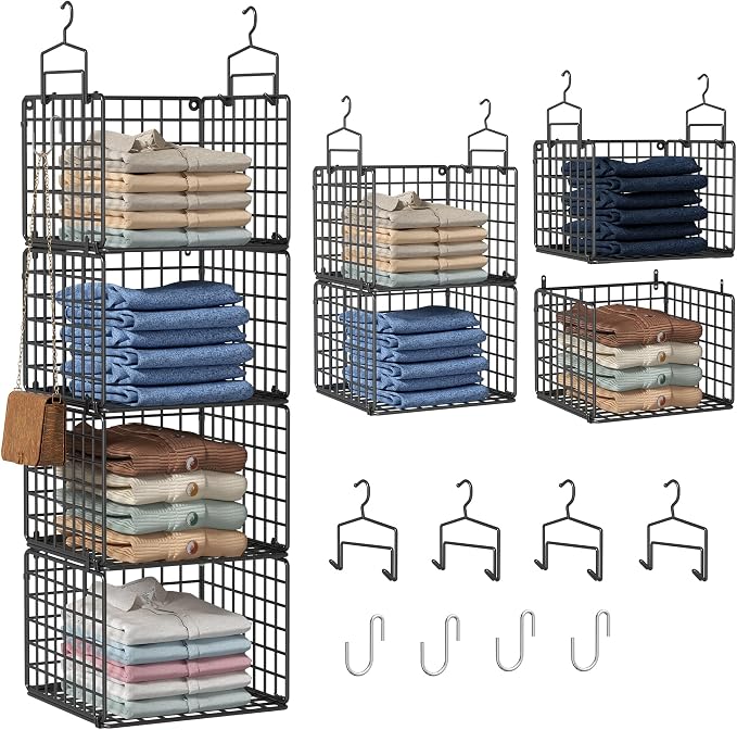 Hanging Closet Organizer, 4 Tier Metal Closet Organizers and Storage with 4 Hanging Hooks 4 S-Hooks for Wardrobe Laundry Room, Wire Storage Shelf for Clothes Sweaters Pants (Black)
