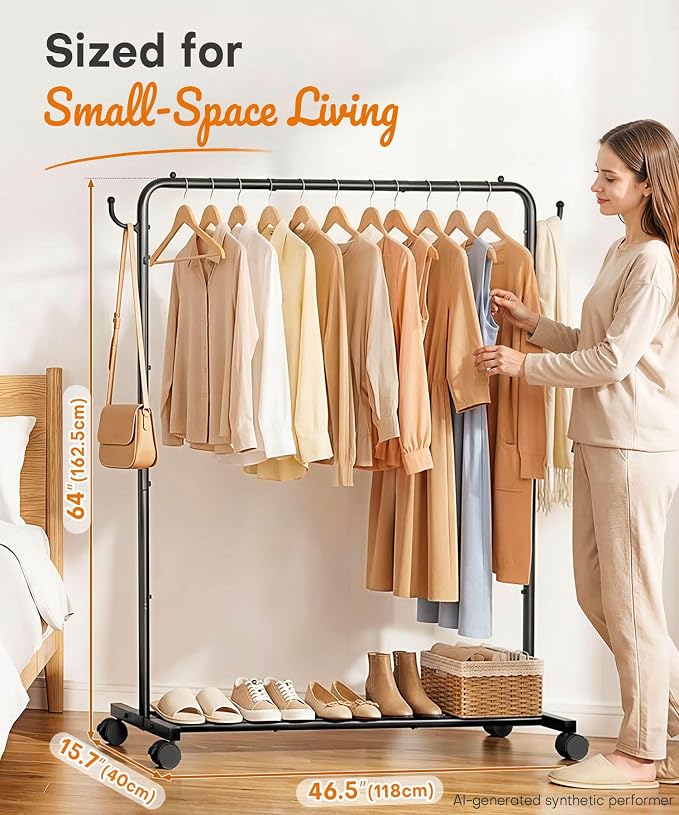Homde Portable Clothes Rack for Bedroom: 4 Lockable Wheel Move Room-to-Room | Laundry to Closet in 1 Smooth Roll - No Heavy Lifting for Renters & Movers - 88 lbs Hanging Rod for Garment Coat to T-Shirt