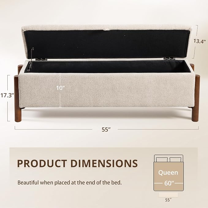 55'' Modern Storage Ottoman Benches | Walnut Wood Legs 26 Gallons Storage Space Fabric Upholstered Seating End of Bed for Bedroom Livingroom Beige